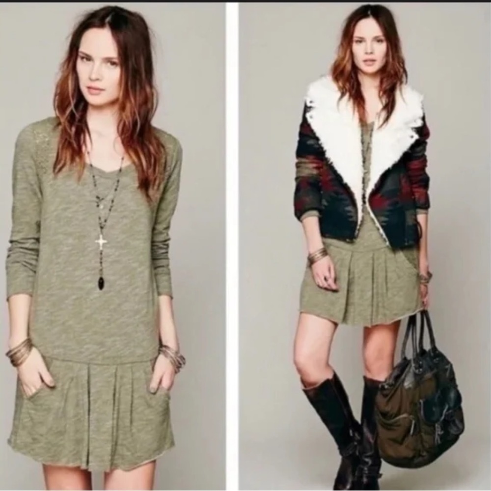 Free People Beach Sweet Nothing Heathered Olive Green Drop Waist Mini Dress XS
